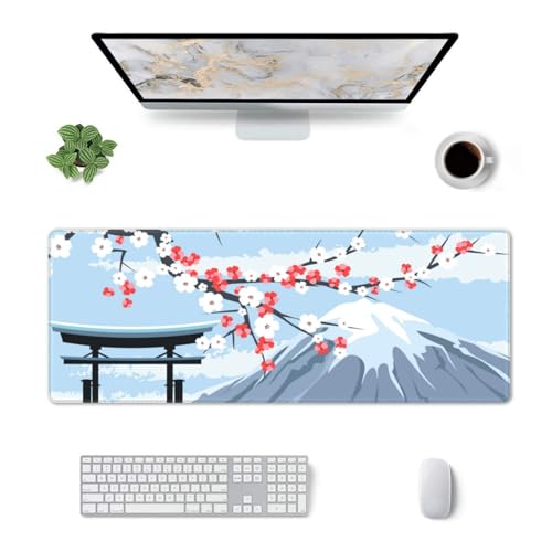 Image of Cherry Blossom Large Gaming Mouse Pad, Extended Fuji Mountain Mousepad, Big Long Non-Slip Mouse Mat for Keyboard, Computer for Office, 31.5 * 11.8 in