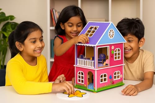 Image of Panda World Wooden Toy House with Furniture for Kids, Doll House, Miniature Toy Building, DIY Construction Kit with Assembly Instructions, Wooden Doll House for Girls and Boys