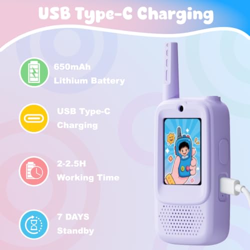 Image of Video Walkie Talkies for Kids, 2 Pack Rechargeable Handheld Video Intercom Kids Walkies Talkies, Indoor Outdoor Toys for Family Games, Outside, Camping, Hiking for Boys Girls Ages 3-12 (Purple)