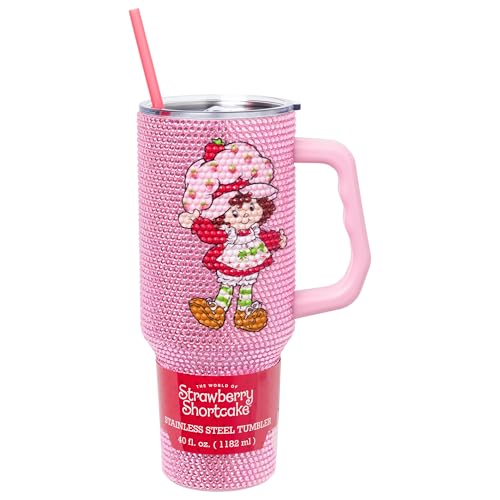 Image of Silver Buffalo Strawberry Shortcake StainlessSteel Rhinestone Tumbler, 40oz | Blueberry Muffin, Collage, 1.2 Liters, Pink, Double-Walled, Handle, Straw, Straw Cap