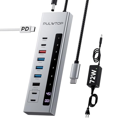 PULWTOP C 10-in-1 Hub mit 3 x USB-A/C 10 Gbit/s, 3 x USB-A 5 Gbit/s, 100 W USB-C PD-Eingang, 2 x 24/45 W USB-C PD Ladedaten-Hub (72W Adapter Included)