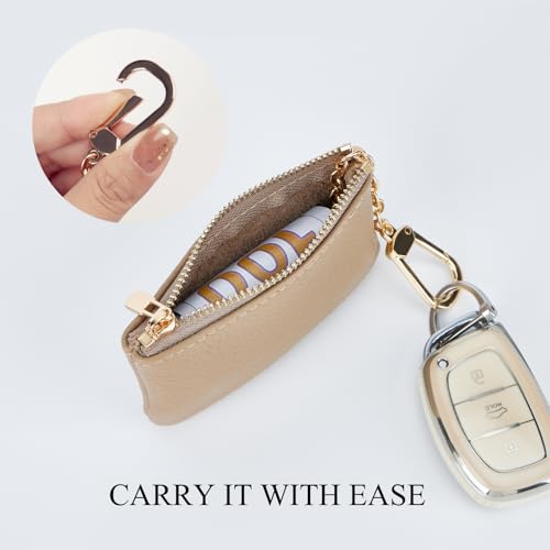 Image of Full Grain Leather Coin Purse with Key Chain - Small Change Purse Keychain Card Holder Pouch Small Wallet for Women and Men (Elephant Gray)