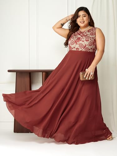 Image of Miss Chase A+ Women's Round Neck Sleeveless Georgette Floral Lace Fit & Flare Maxi Dress