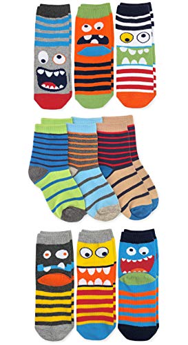 Jefferies Socks Boys Monster Stripe Pattern Novelty Crew Socks 9 Pair Pack (M - USA Shoe 12-6 - 5-10 Years, Multi)