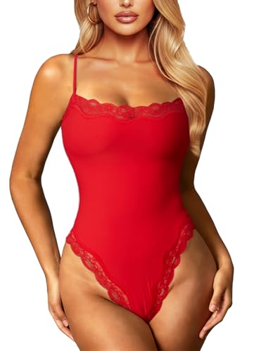 Image of Navneet Women Sexy Lace Bodysuit Lace Trim High Cut Thong Spaghetti Strap Cami Bodysuit Going Out Tank Tops Body Suit