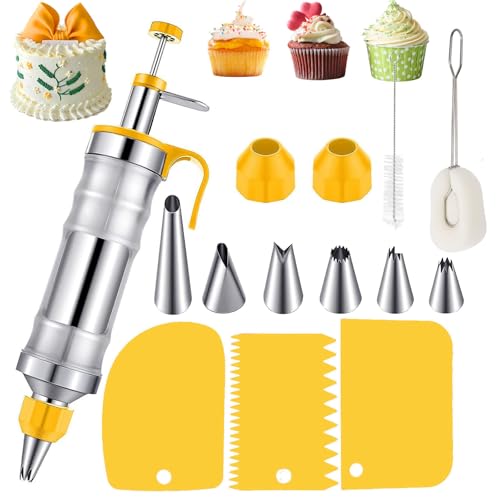 Dessert Cake Decorating Syringe, Stainless Steel Icing Piping Tips Cake Decorating Tools, Piping Icing Syringe Set, DIY Frosting Baking Tools with 6 Pcs Nozzles, Handle Cleaning Brush and Scrapers