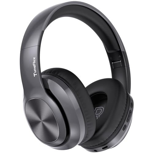 TuneFlux Wireless Bluetooth Headphones Over Ear, 80H Playtime, 3EQ Sound Modes, HiFi Stereo Headphones with Deep Bass, Foldable Bluetooth 5.3 Headsets for Smartphone/PC/Computer-Metallic