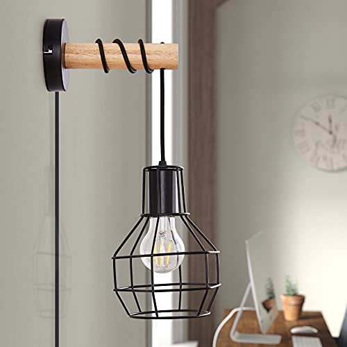 Image of Industrial Wall Sconces with Plug in Cord, Farmhouse Lamps with Switch Vintage Classy E26 Edison Metal Mounted Lights Fixture Wood for Bedroom,Living Room,Hallway