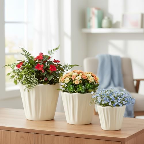 Xtore® 3 Pc Graceful Fluted Ceramic Planter for Indoor Plants & Tabletop Styling | Soft Neutral Finish with Sculpted Ribbed Design for Living Room, Desk & Shelf Décor (Set of 3 - Planters only)