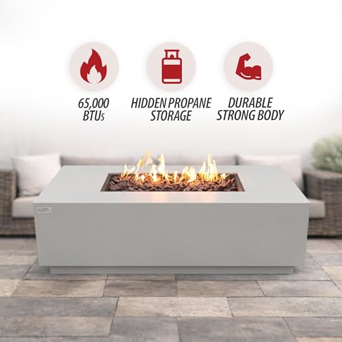 Image of AMS Fireplace Genuine Concrete Rectangular Propane Fire Pit Table for Outside Patio (66 inch Sedona) | Hidden Tank Drawer & Electronic Ignition | Bundle w /Wind Guard, Burner Lid & Cover (Light Gray)