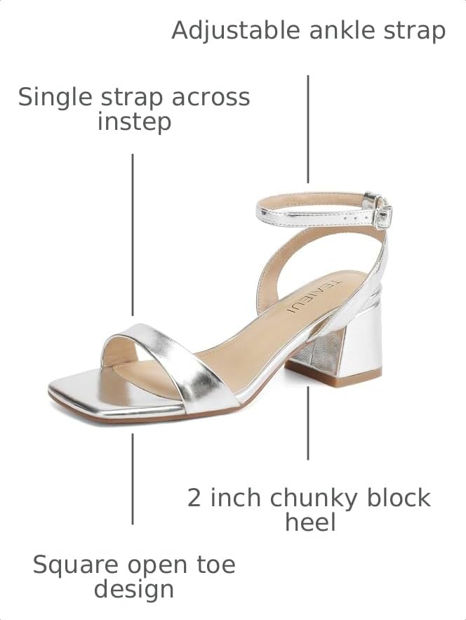 Image of TEAIEUI Block Heels for Women, Square Open Toe Heeled Sandals, Chunky Ankle Strap Shoes for Dress, Party, Prom, Low Heel 2 inch