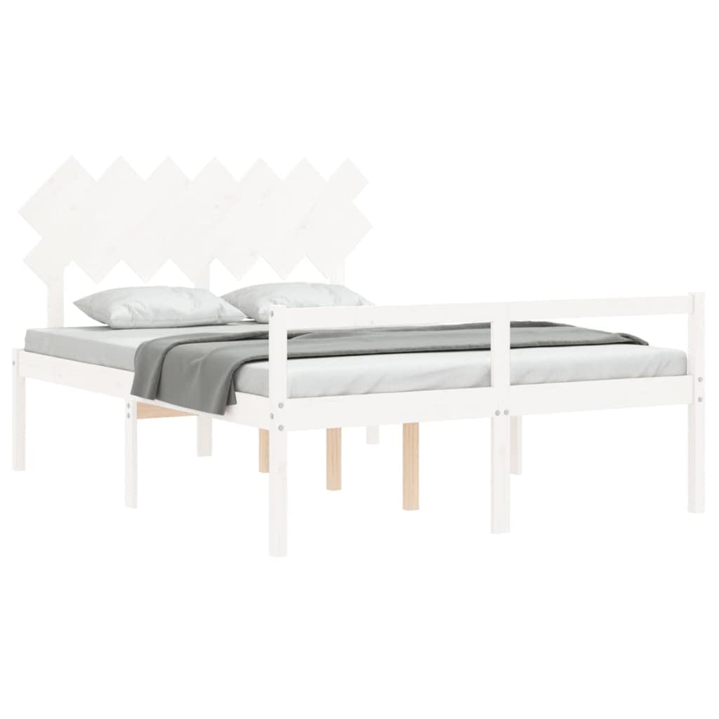 Seniorenbett aus massivem Kiefernholz 140x190 cm Weiß mit Kopfteil und Stauraum, seniorengerechtes Bettgestell mit Lattenrost für Schlafzimmer und Gästezimmer