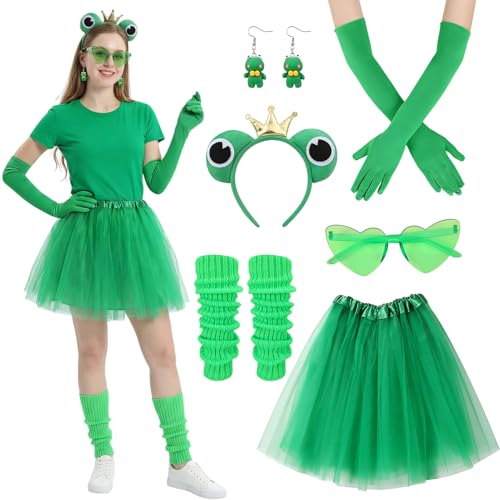 Apricitie 6 Stücke Frosch Kostüm Erwachsene Froschkönig Kostüm Damen Mit Haarreif Handschuhe Bein Stulpen Tutu Tüllrock Frosch Ohrringe Für Fasching Karneval Motto Party