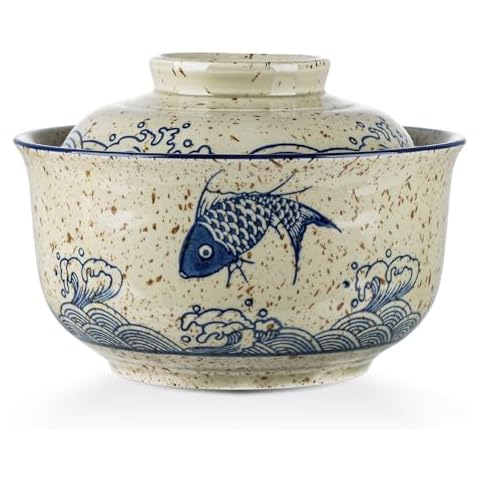 VanEnjoy Microwavable Ramen Bowl with Lid, 25 Oz Japanese Bowl Big Ceramic Japanese Soup Bowl with Lid, Korean Clay Pot - fish Cover