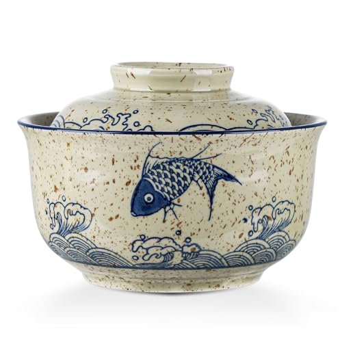 VanEnjoy Microwavable Ramen Bowl with Lid, 25 Oz Japanese Bowl Big Ceramic Japanese Soup Bowl with Lid, Korean Clay Pot - fish