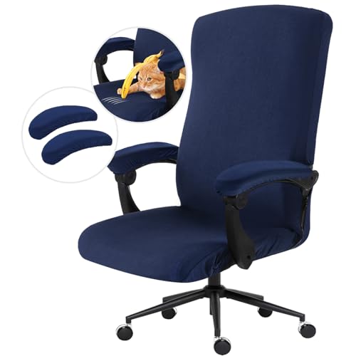 Image of Stretch Computer Office Chair Cover with Armrest Covers Durable Zipper Universal Washable Removable Spandex Rotating Boss Chair Slipcovers Anti-dust Soft Desk Chair Seat Protector, Navy