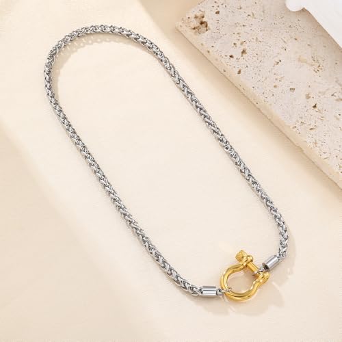 FEEL STYLE Heavy Screw Anchor Shackle Wheat Necklace - 18Inch Stainless Steel Foxtail Wheat Chain Necklace Rolo Necklace - Screw Anchor Shackle Nautical Sailor Clasp3