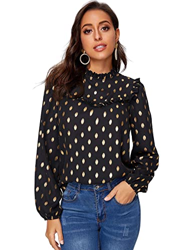 Soly Hux Women's Frill Trim Stand Collar Long Sleeve Elegant Workwear Blouse Top Shirts Black S #TOP2