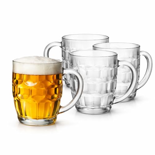 Drinkstuff Great British Half Pint Dimple Mug 10oz / 285ml – Set of 4 Dimpled Glass Mugs with Handle – Traditional Beer Tankards for Craft & Classic Beers, Dishwasher Safe, Gift Boxed