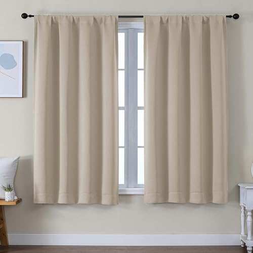 Image of Simplebrand Ava Biscotti Beige Blackout Curtains for Bedroom 63 Inch Length 2 Panels Set, Solid Thermal Insulated Privacy Living Room Window Treatment Curtains Blackout Drapes, W50 x L63 Inch