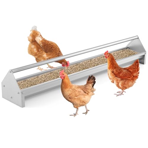 GYMAX Chicken Feeding Trough, 115cm Long Heavy-Duty Large Capacity Chicken Feeder with Drainage Holes and Rotatable Handle, Galvanized Steel Poultry Feeder for Coop, Pigeon, Duck, Parrot