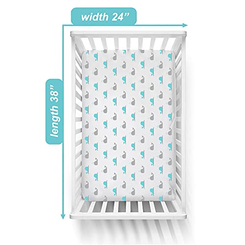 Image of TL Care Fitted Mini Crib Sheet 24 inch x 38 inch, Soft Breathable Neutral 100% Cotton Jersey Portable Sheet, Aqua Whale, for Boys and Girls, Fits Most Pack N Play and Mini Crib Mattresses (Pack of 2)