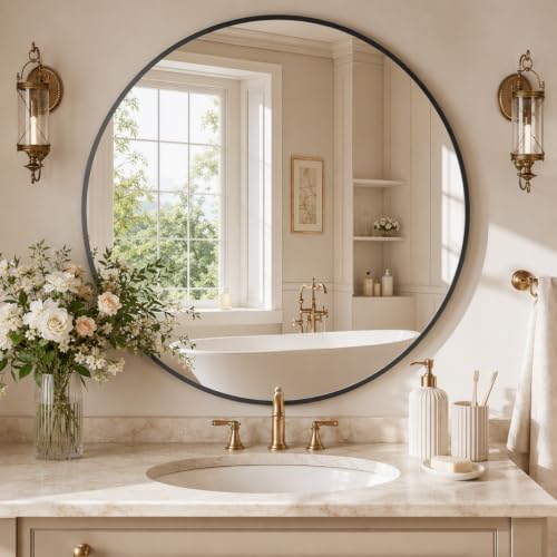 Image of Easly 40 Inch Round Mirror, Black Metal Frame Wall Mirror for Bathroom