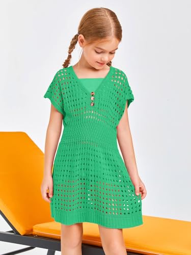 Image of Haloumoning Girls Crochet Swim Beach Cover Up Kids Fashion Button Short Sleeve Swimsuits Cover Ups 5-14 Years