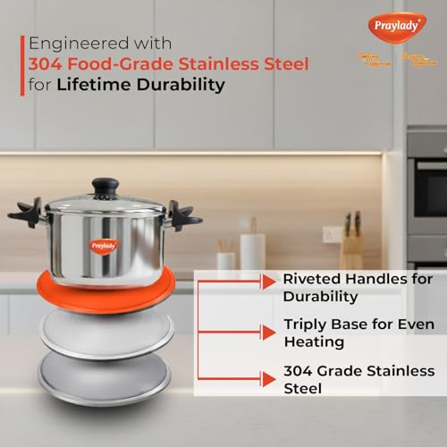 Image of Praylady Strainer Pro Max 4.2L | 304 Grade Stainless Steel | Triply Bottom | Multi-Purpose Pot - Idli Cooker, Pasta Pot, Rice Cooker | 16 Idli Capacity | Induction & Gas Compatible.