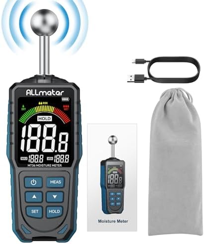 ALLmeter Rechargeable Pinless Moisture Meter for Walls & Wood – Non-Destructive Moisture Tester with Alarm, 5-40mm Depth, for Homeowners & DIY Enthusiasts Construction – Prevent Water Damage