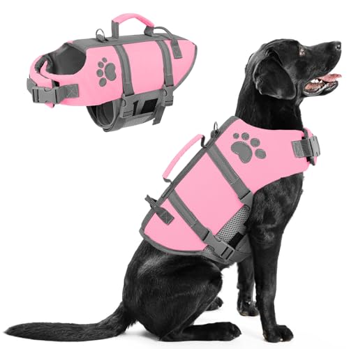 Queenmore Dog Life Jackets for Large Dogs, Large Dog Life Vest for Swimming & Boating, Adjustable Pet Water Floating Device for Big Dogs with Rescue Handle, Leash Hook & Reflective Stripes