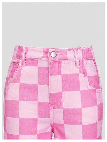 WDIRARA Girl's Checkered Straight Leg Baggy Jeans Elastic High Waist Denim Pants3
