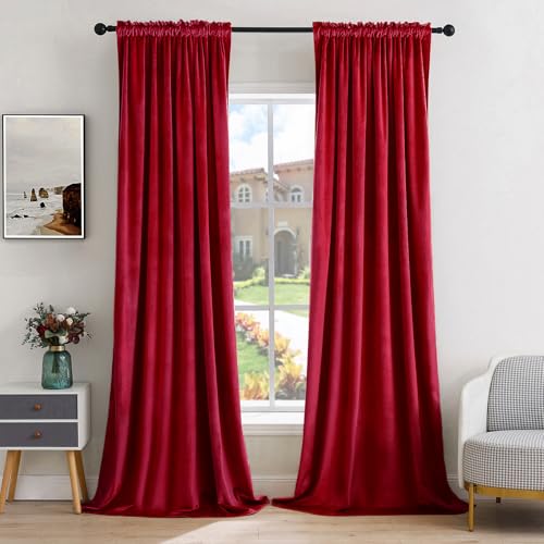 Image of MIULEE Red Blackout Velvet Curtains Drapes 90 Inch Long 52 inchx90 inch Bedroom | Luxurious Bedroom Living Room Decor, Room Darkening, Thermal Insulated, Rod Pocket Design, Super Soft Fabric