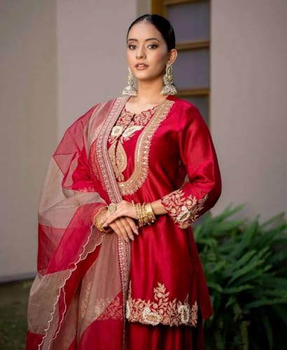 SOKHI JEWELS Women's Chinon Silk Sequence Embroidery Work Straight Kurti With Sharara Suit and Dupatta Set4