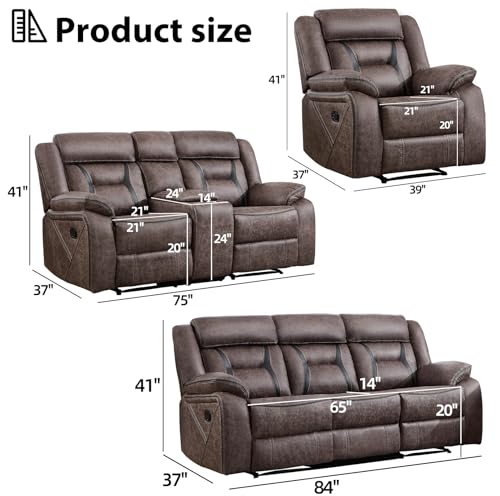 Image of EBELLO Faux Leather Recliner Sofa Furniture Set for Living Room, Recliner Chair, Manual Loveseat, 3 Seat Recliniing Sofa Couch Set for Meeting Room, Grey