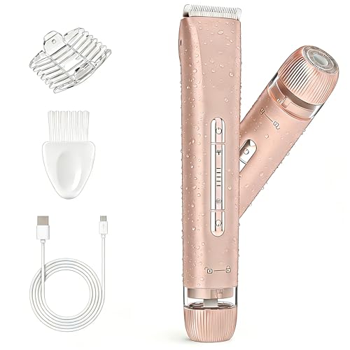 Bikini Trimmer for Women, Painless Dual Head Shaver for Sensitive Skin, IPX7 Waterproof for Safe Shower, USB-C, Detachable Head, Portable 2 in 1 Electric Razors for Pubic Hair, Rose Gold