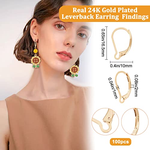 Beebeecraft 1 Box 100Pcs Leverback Earring Hooks 24K Gold Plated French Earring Hooks Earwire Findings 16.5x10mm for DIY Jewellery Making - Image 2