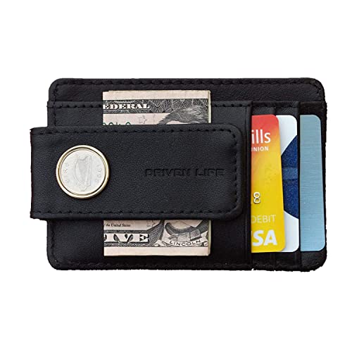 1996 Irish Ireland 5 Pence Harp Coin Genuine Black Leather Magnetic Money Clip Wallet & Card Holder RFID Blocking