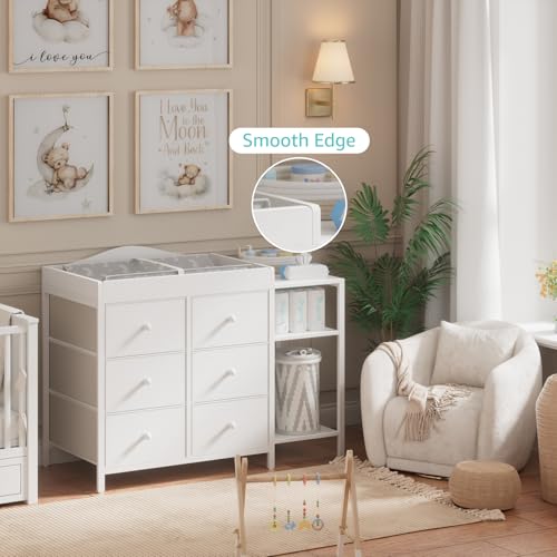 Image of BOLUO Baby Dresser with Changing Table Top, White Changing Table Dresser with 6 Fabric Drawers Diaper Changing Station with Storage Shelf for Nursery Modern