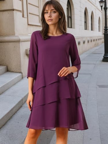 Image of Seta T Women's Chiffon Dresses 3 /4 Bell Sleeve Crewneck Tiered Layered Flowy Dress Party Wedding Outfits