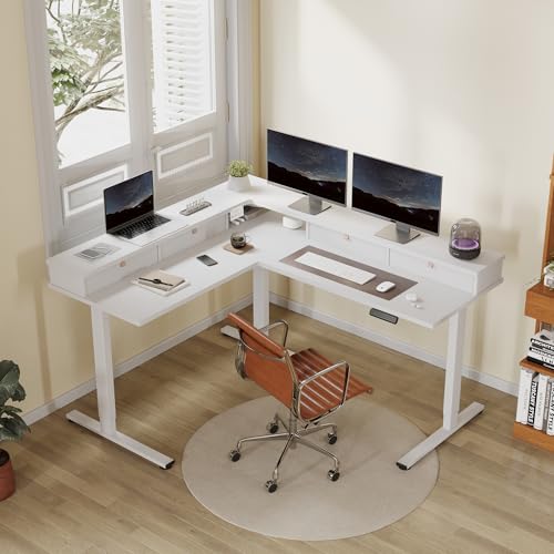 Image of FLEXISPOT 63 inch L Shaped Standing Desk with Shelf Electric Corner Table, Drawers, Adjustable Computer Workstation for Home, Office,63x55in, White Top + White Frame