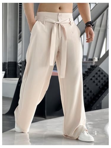 OYOANGLE Men's Elastic Waisted Wide Leg Long Pants Tie Front Belted Loose Casual Trousers with Pockets3