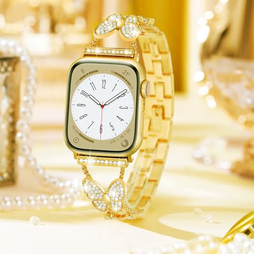Image of Butterfly Band for Apple Watch Bands 40mm 41mm 42mm for Women Gold | 42mm(S11 /10) 38mm iWatch SE Series 11 10 9 8 7 6 5 4 3, Slim Thin Metal Fancy Bling Cute Dressy Strap for Apple Watch Band
