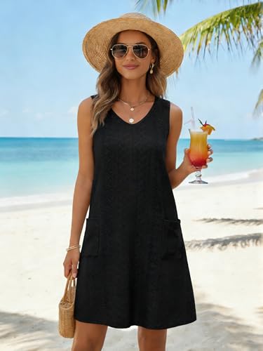 Image of elescat Swimsuit Coverup Summer Dresses for Women Eyelet Casual Loose Sleeveless Sundress with Pockets 2026