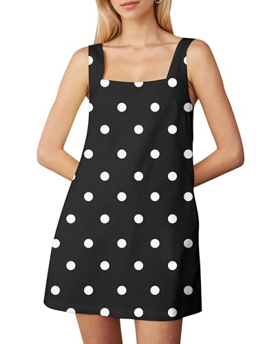 Image of Summer Linen Mini Dress for Women Sleeveless Square Neck Tank Shift Dresses Causal Backless Solid Short Sundress