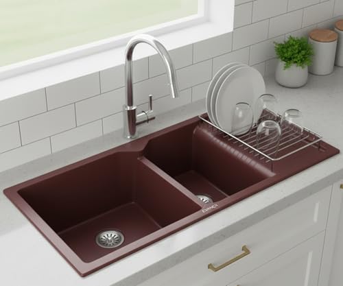 Image of EVANEX Quartz Sink for Kitchen|45x20x9 inch Double Bowl Kitchen Sink with Drain Board|Matt Finish|Brown Quartz Kitchen Sink with Sink Connector, Waste Pipe, Coupling and Drain Basket