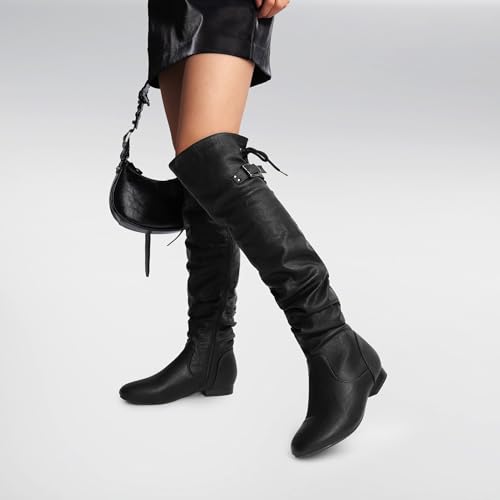 Image of DREAM PAIRS Women's Over The Knee Flats Slouch Thigh Boots | Comfortable Casual Flat Knee High Boots for Daily Walking Vacation