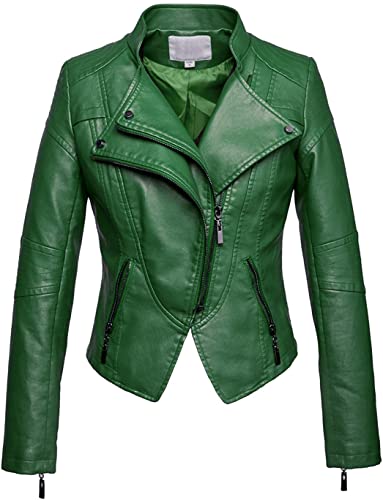 chouyatou Women's Fashion Tailored Zip-Up Faux Leather Quilted Racer Jacket (Medium, Green)