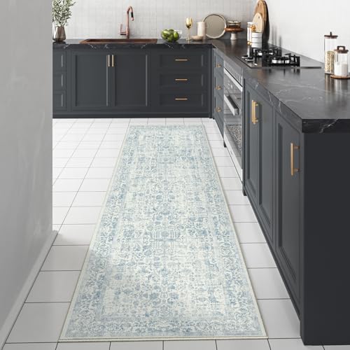 Blue Runner Rug 3x7 Hallway Machine Washable Kitchen Vintage Distressed Non Slip Long Carpet Indoor Retro Floral Bedroom Accent Throw Rug for Bathroom Office Laundry Dining Room