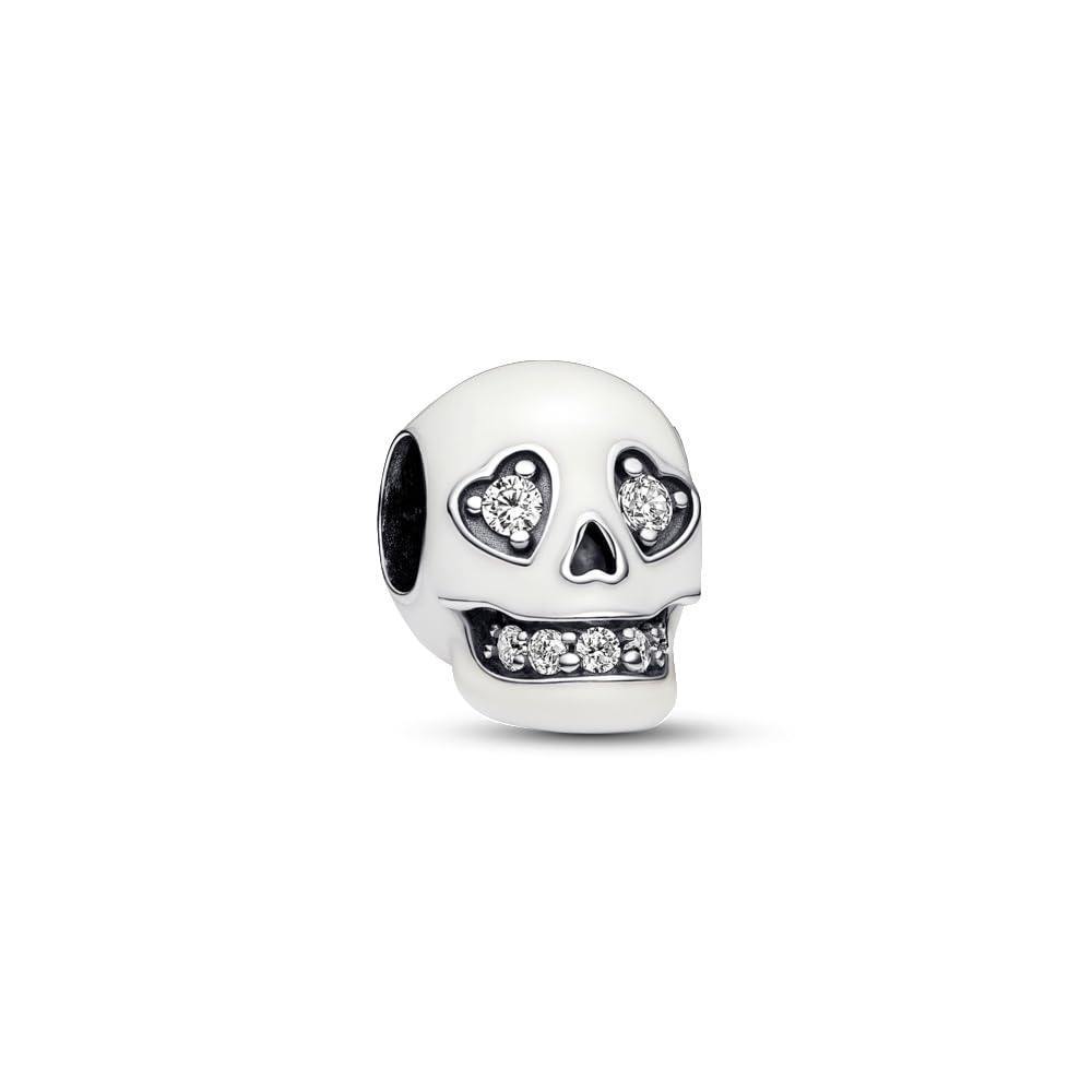 PANDORA Ciondolo in argento Sterling Moments a forma di teschio con zirconia cubica trasparente e smalto bianco che si illumina al buio